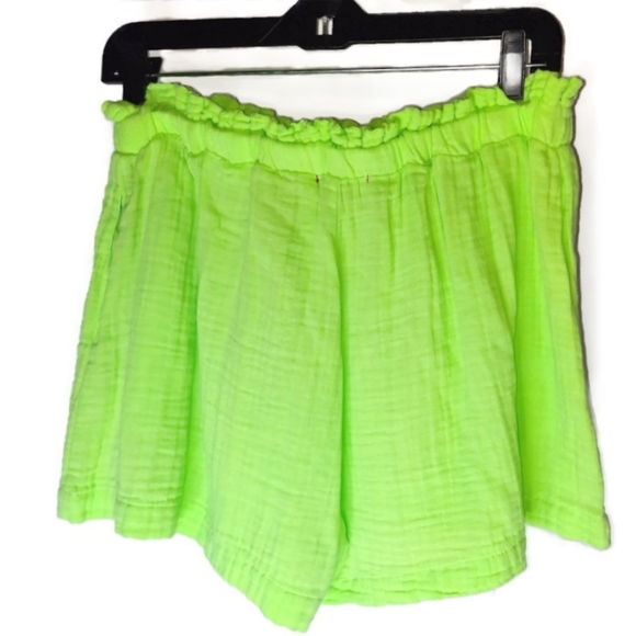 STARKX Elastic High Waist Short Crinkle Gauze Cotton Lime Green Pockets L 9 10 - Picture 4 of 12